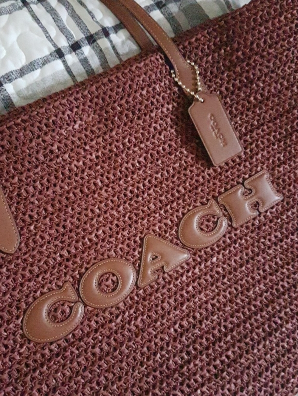 COACH Burgundy Woven Tote Bag -Brown Leather Handles. - Picture 2 of 10